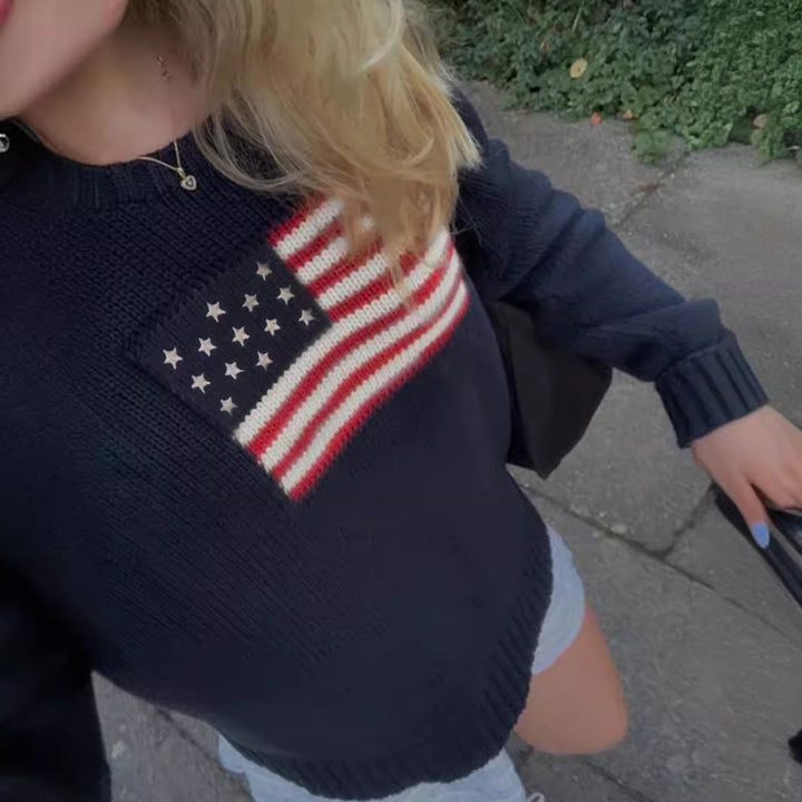Patriotic women's American flag long sleeve sweater, comfortable & chic for everyday autumn fashion.