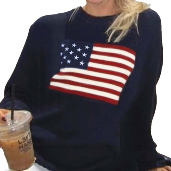 Cozy women's long sleeve American flag sweater, soft knit, comfortable for autumn & winter outfits.