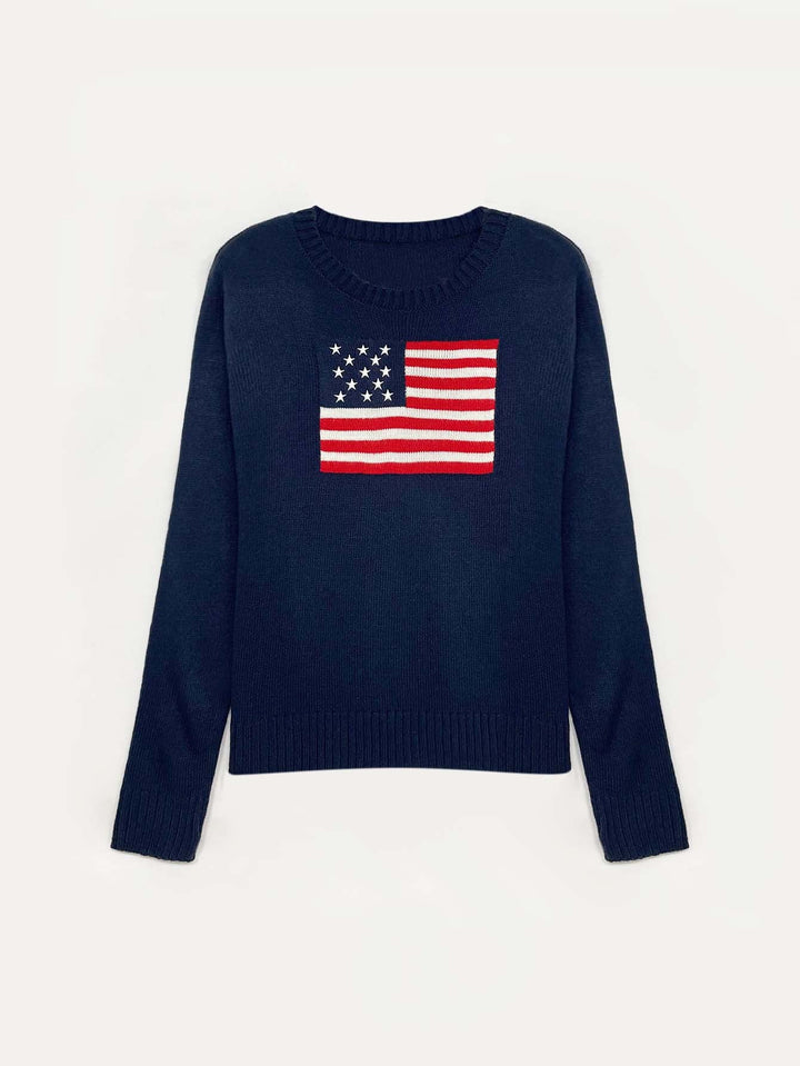Slim fit women's American flag sweater, patriotic design. Warm & comfortable for autumn/winter wear.