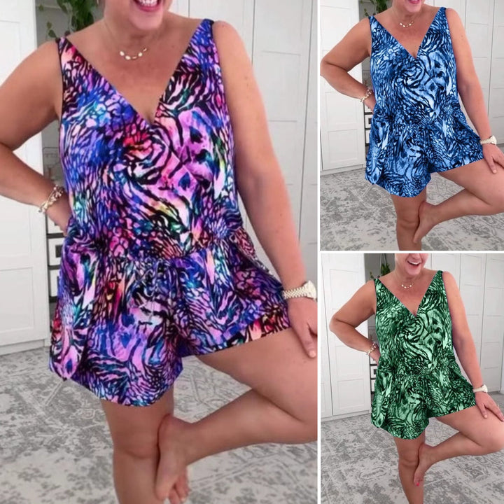 Women's animal print V-neck playsuit, perfect for summer casual chic or holiday wear.