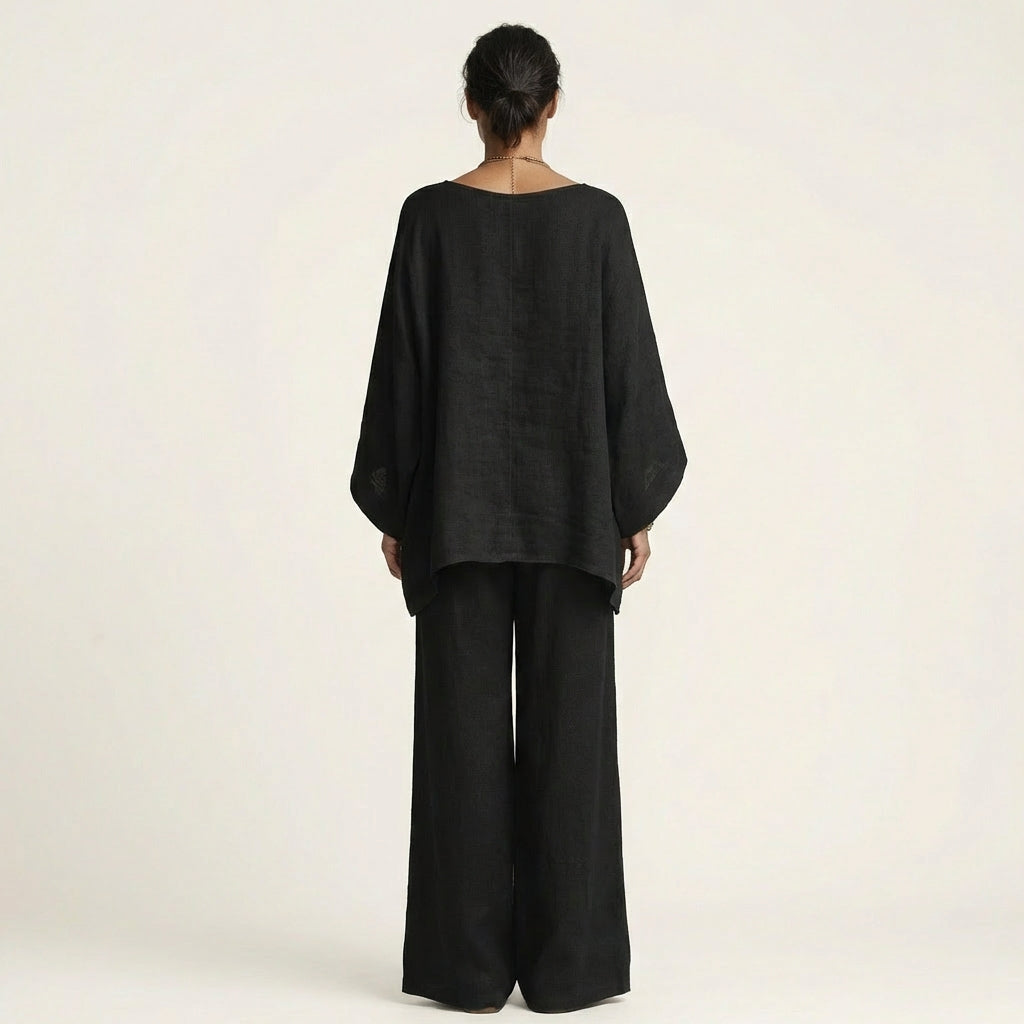 Women's Anouk boho linen blend top and pants two-piece set, comfortable and stylish for summer.