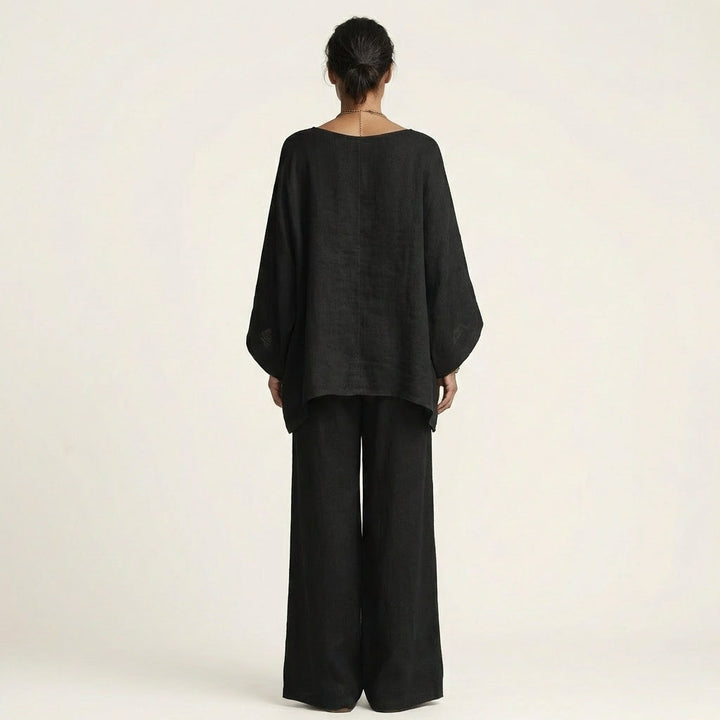 Women's Anouk boho linen blend top and pants two-piece set, comfortable and stylish for summer.
