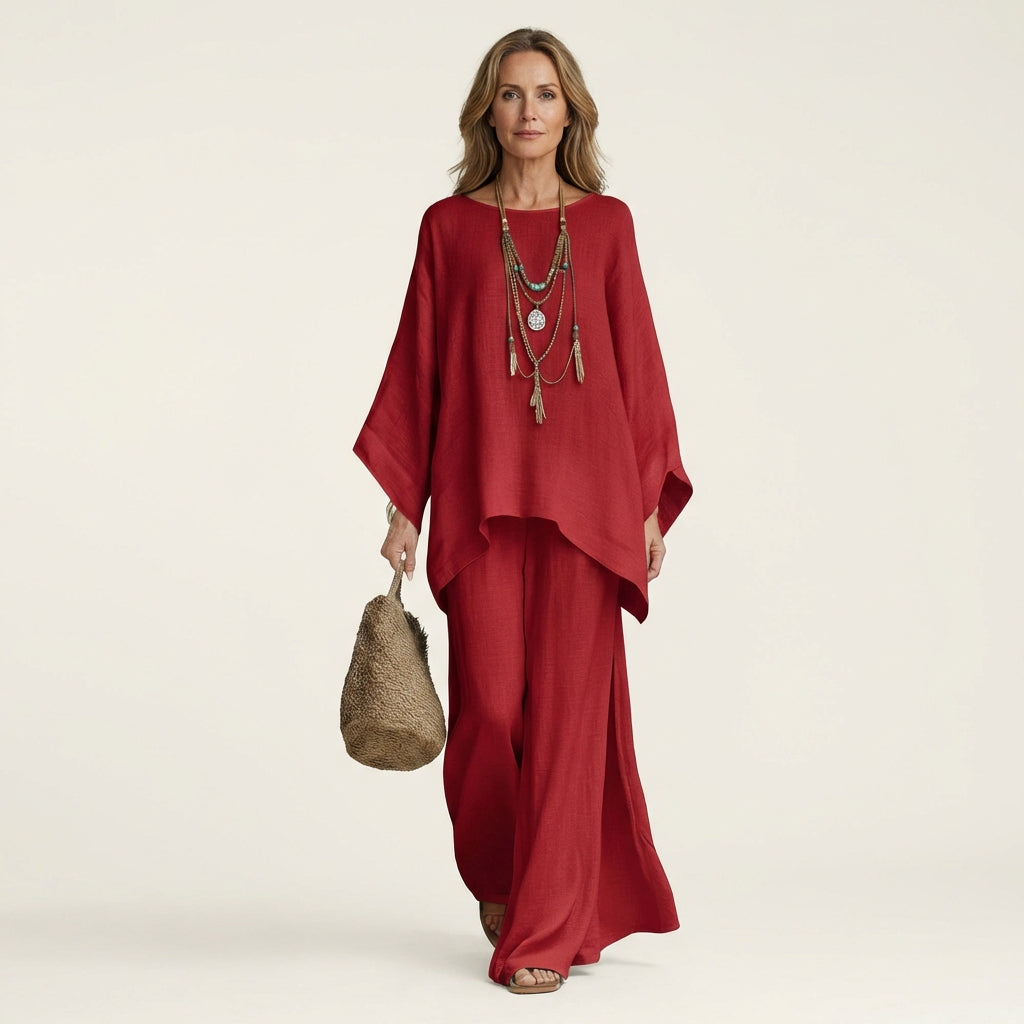 Chic women's boho linen blend two-piece set, a comfortable and stylish summer fashion essential.