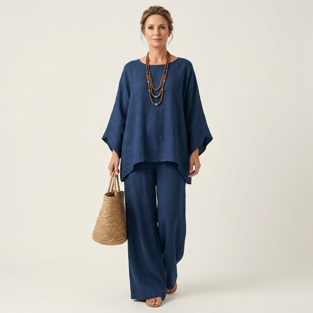 Trendy women's boho linen blend two-piece set, perfect for relaxed summer fashion and comfort.