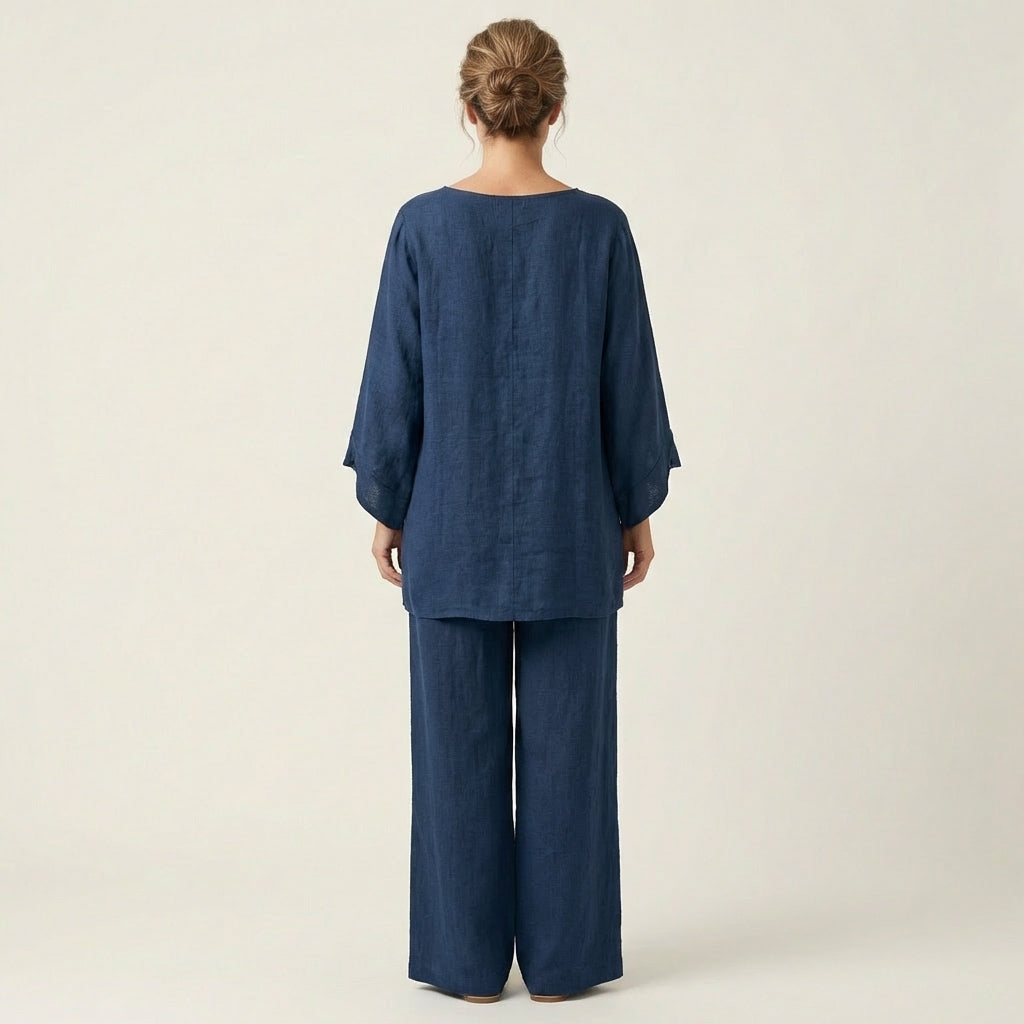 Anouk women's boho linen blend two-piece set, a comfortable and relaxed fit summer outfit.