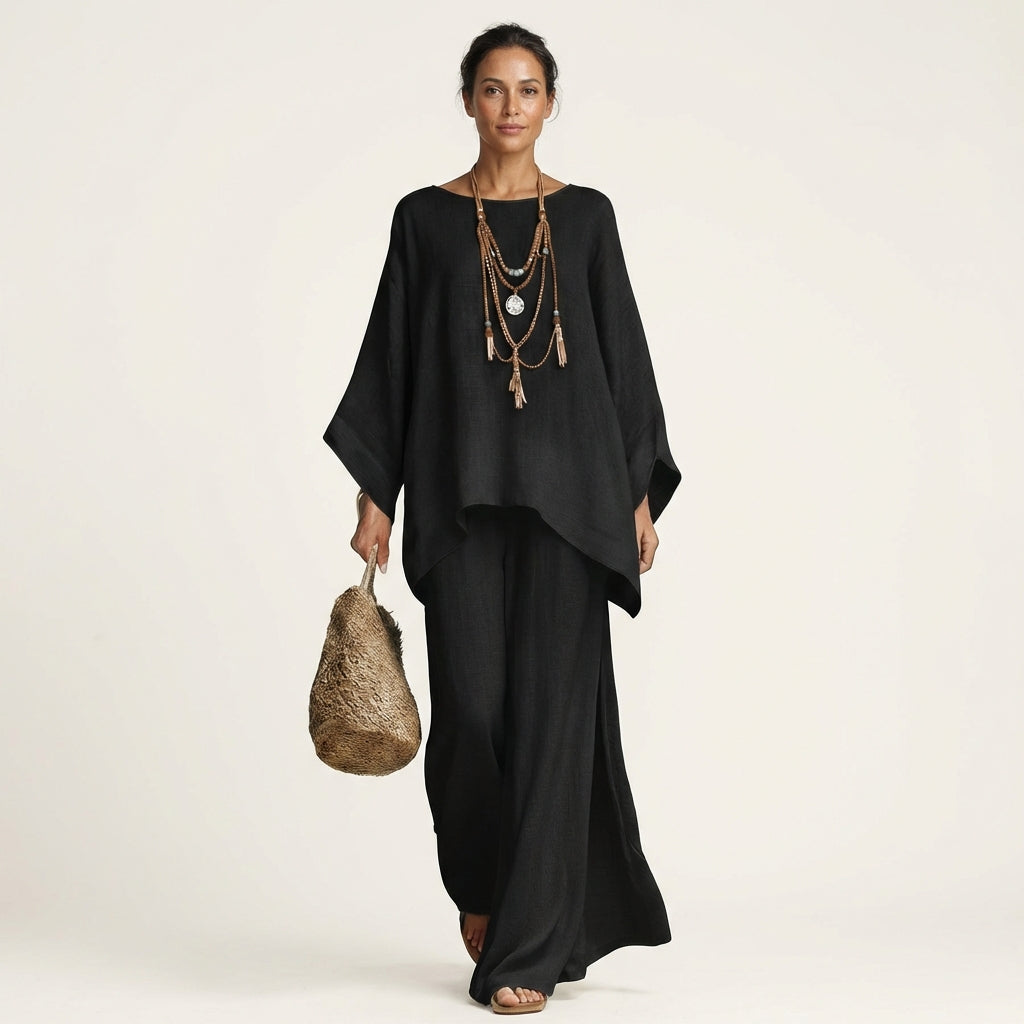 Soft linen blend Anouk two-piece set for women, ideal boho loungewear and comfortable summer wear.