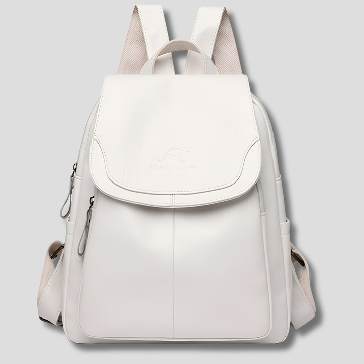 Women's anti-theft embossed leather backpack in black, ideal for travel and work.
