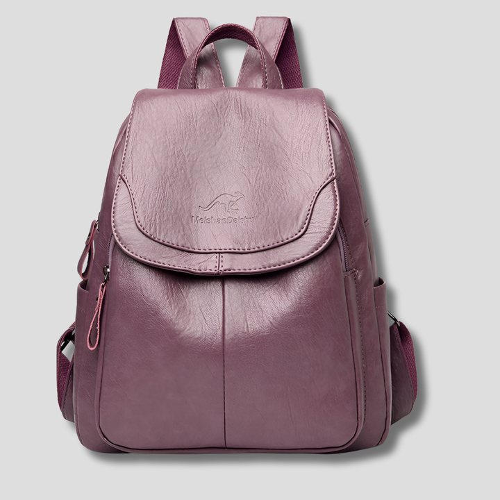 Close-up of the premium embossed leather on this women's anti-theft travel backpack.