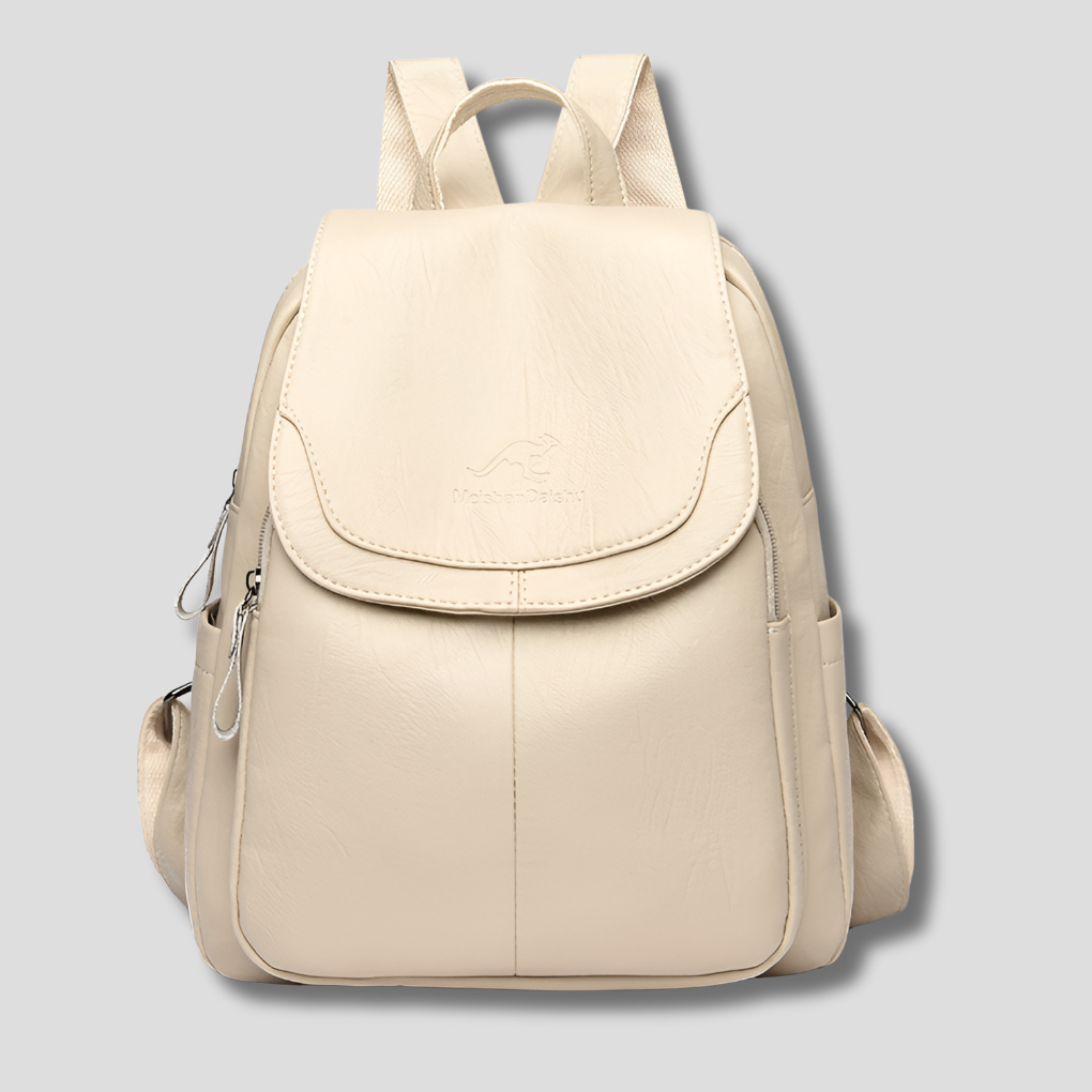 Back view showing anti-theft zippers on a women's luxurious leather backpack.