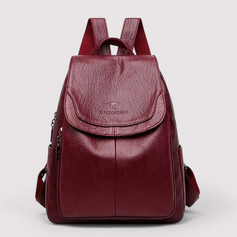 Durable fabric and straps of a women's secure travel backpack.