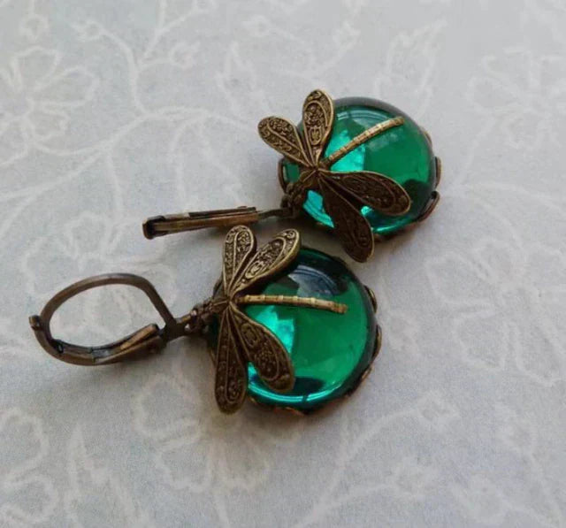 Gift-ready elegant crystal dragonfly earrings. Antique-inspired dangle jewelry with sparkling clear crystals.