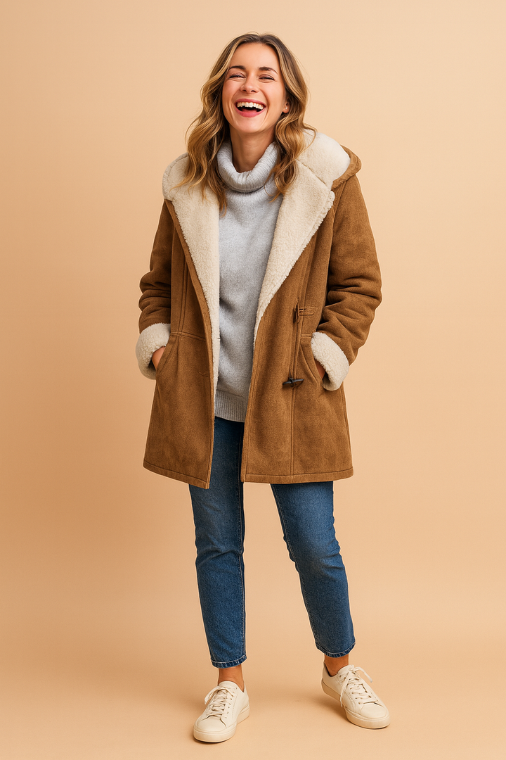 Model wearing the Arlena hooded jacket for women, demonstrating its fashionable outerwear appeal.