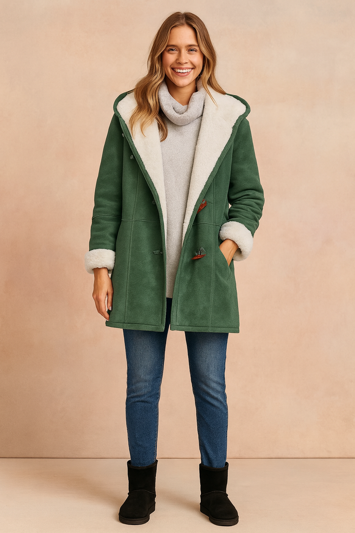 Side view of the Arlena warm jacket for women, showcasing a flattering fit for winter fashion.