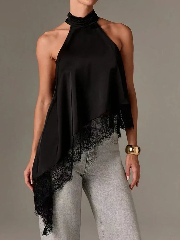 Women's asymmetric halter top with elegant lace trim, perfect for stylish smart casual outfits.