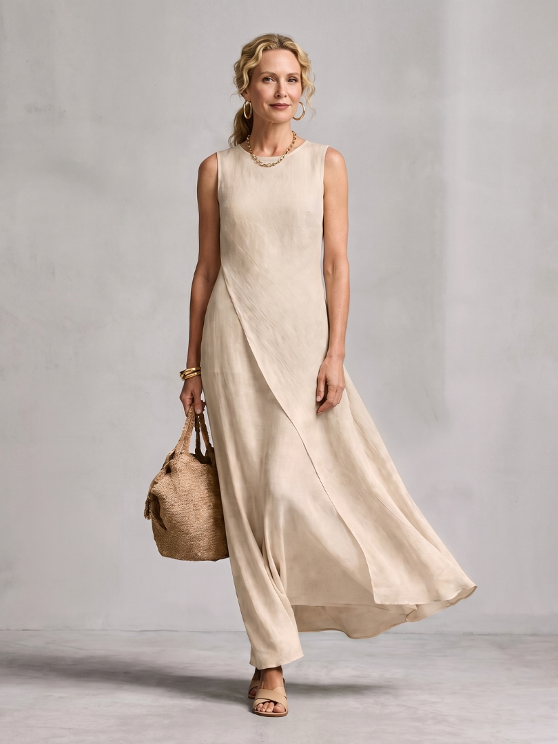 Women's asymmetric layered maxi dress with a round neck, perfect for elegant summer casual wear.