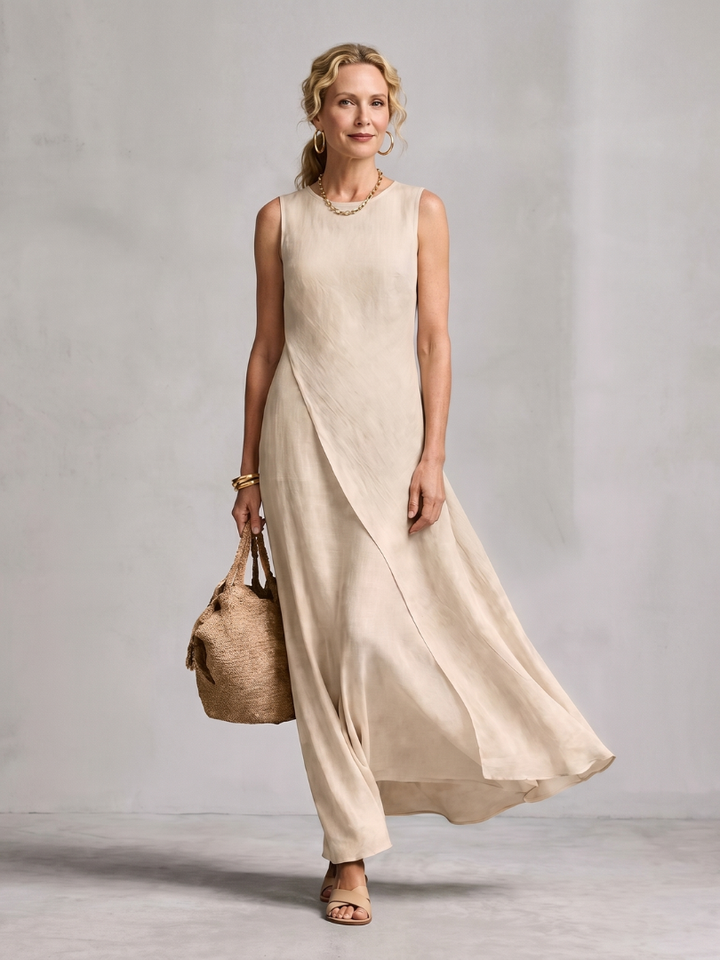 Women's asymmetric layered maxi dress with a round neck, perfect for elegant summer casual wear.