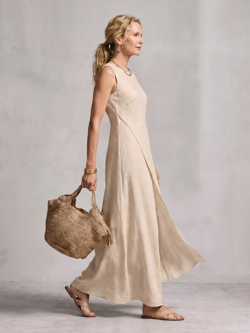 Flowing women's asymmetric maxi dress, stylish layered design with a comfortable round neck.