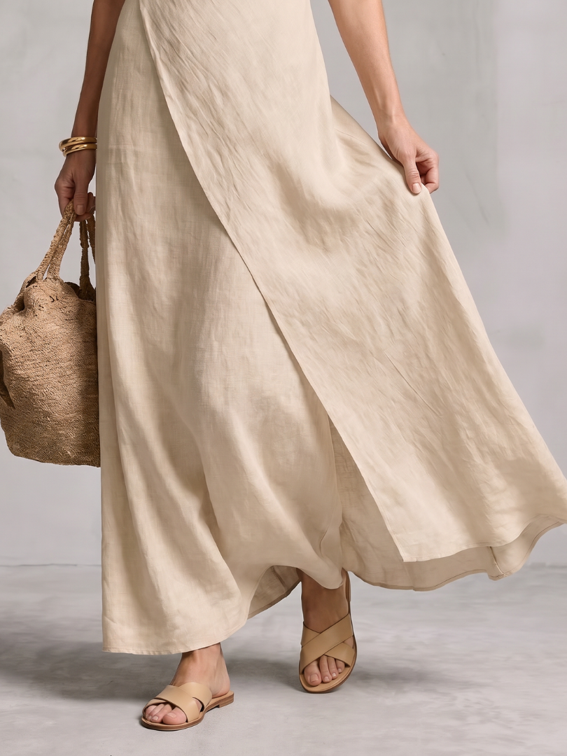 Elegant layered maxi dress for women, featuring a comfortable round neck and chic asymmetric hem.