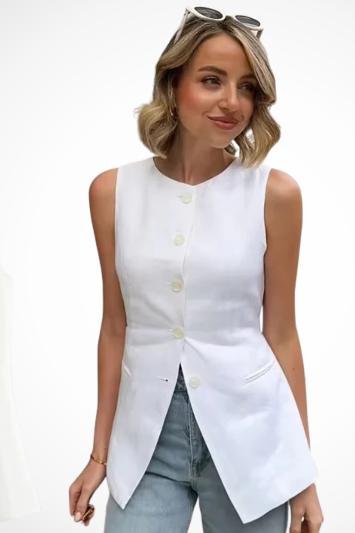 Elegant sleeveless tailored waistcoat for women, featuring an asymmetric cut & chic button front design.