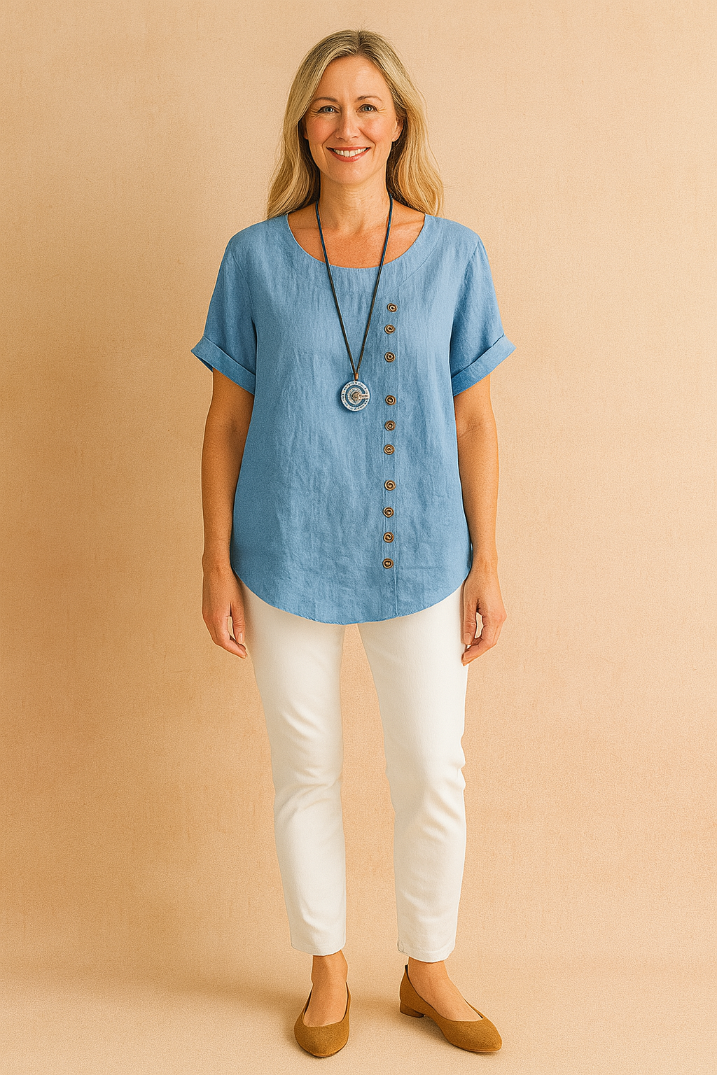 Casual yet elegant women's blouse. Asymmetrical hem & short sleeves with a unique decorative clasp detail.