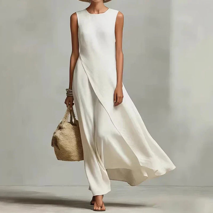 Relaxed fit women's asymmetrical maxi dress, sleeveless, chic for summer parties.