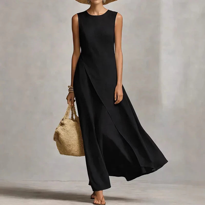 Elegant asymmetrical maxi dress for women, sleeveless, flowy summer fashion & holiday wear.