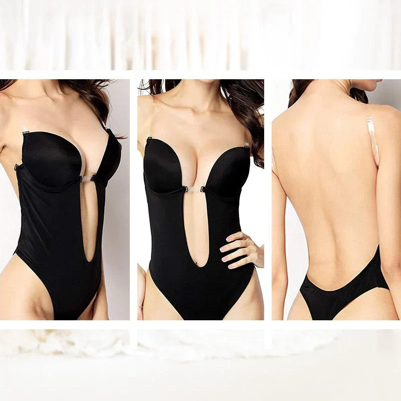 Backless bodysuit design with integrated invisible bra for ultimate support.