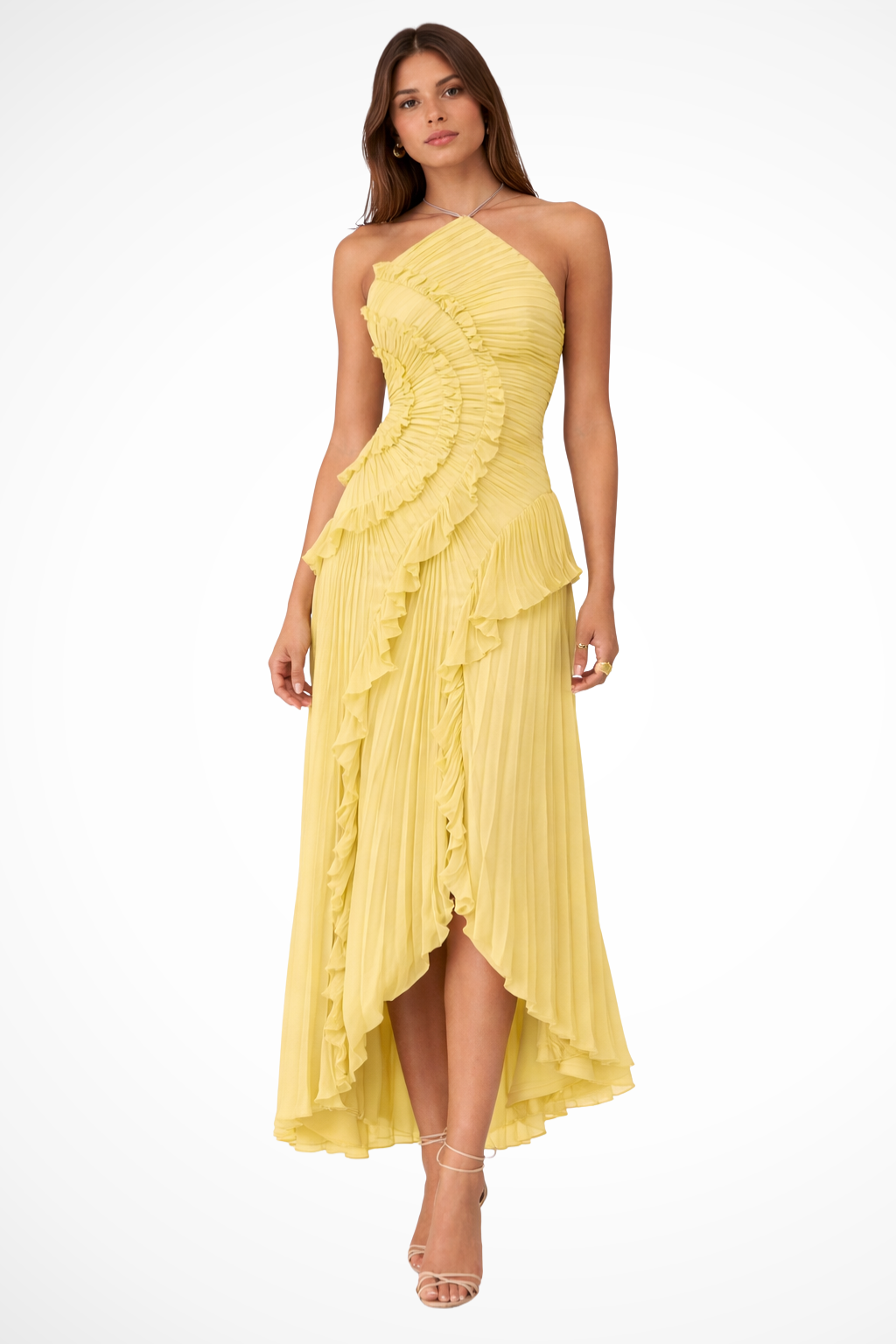 Stylish ruffled asymmetric hem maxi dress for women, chic halter neck wedding guest outfit.