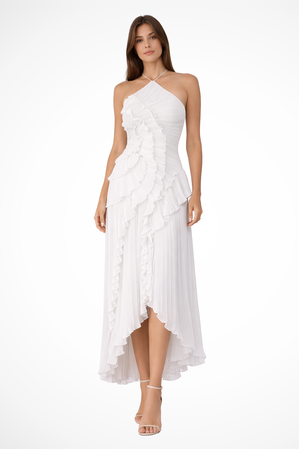 Flowy elegant maxi dress with ruffles & backless halter design, perfect for summer wedding guests.