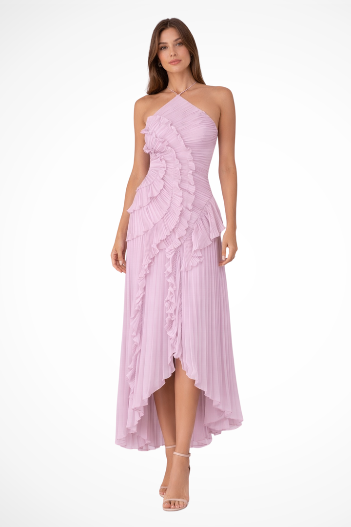 Close-up of a chic halter neck on a women's backless ruffle maxi dress, elegant party attire.