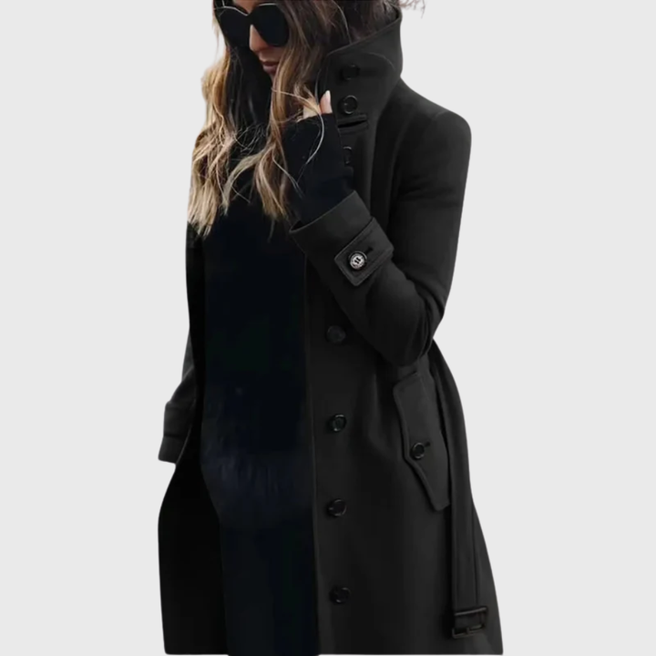 Classic women's beige trench coat with button front & high stand collar. Versatile longline outerwear for fall.