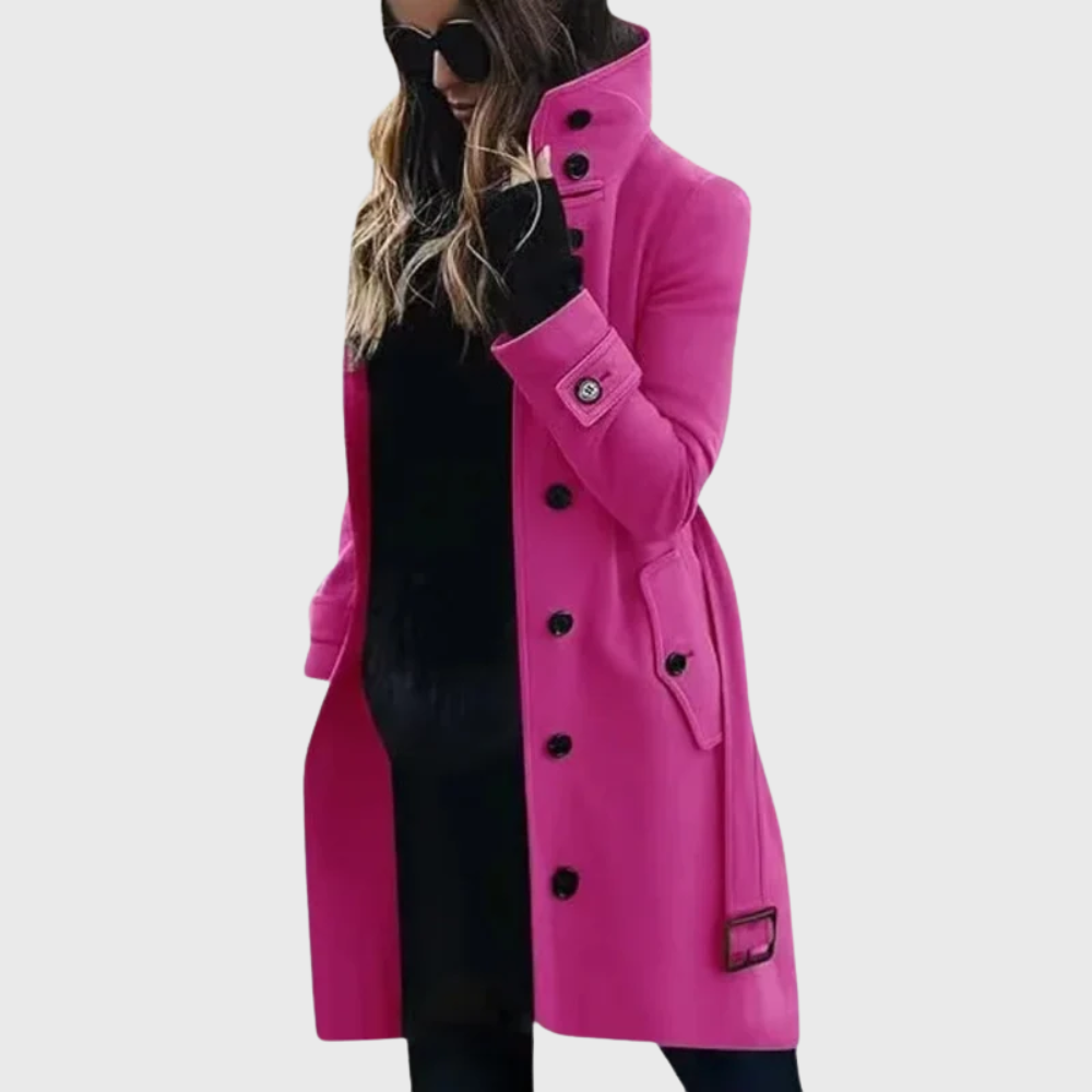 Fashionable women's trench coat, button front, high stand collar. Longline silhouette, essential elegant outerwear.
