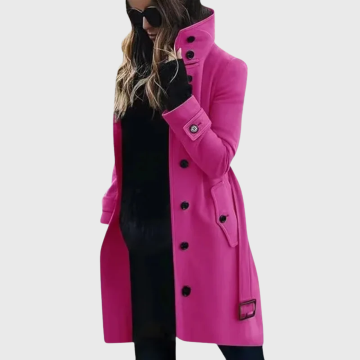 Fashionable women's trench coat, button front, high stand collar. Longline silhouette, essential elegant outerwear.