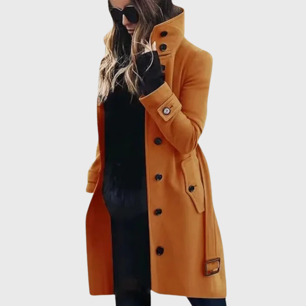 Premium women's trench coat in beige. Button front closure & high stand collar. Stylish longline fall/winter outerwear.