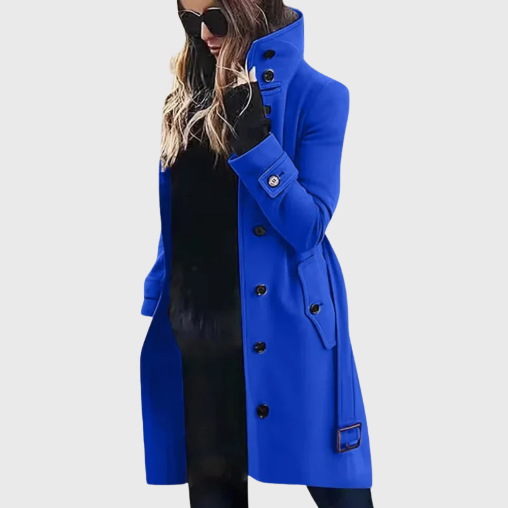 Modern women's black trench coat, featuring button front and high stand collar. Chic longline design for winter fashion.
