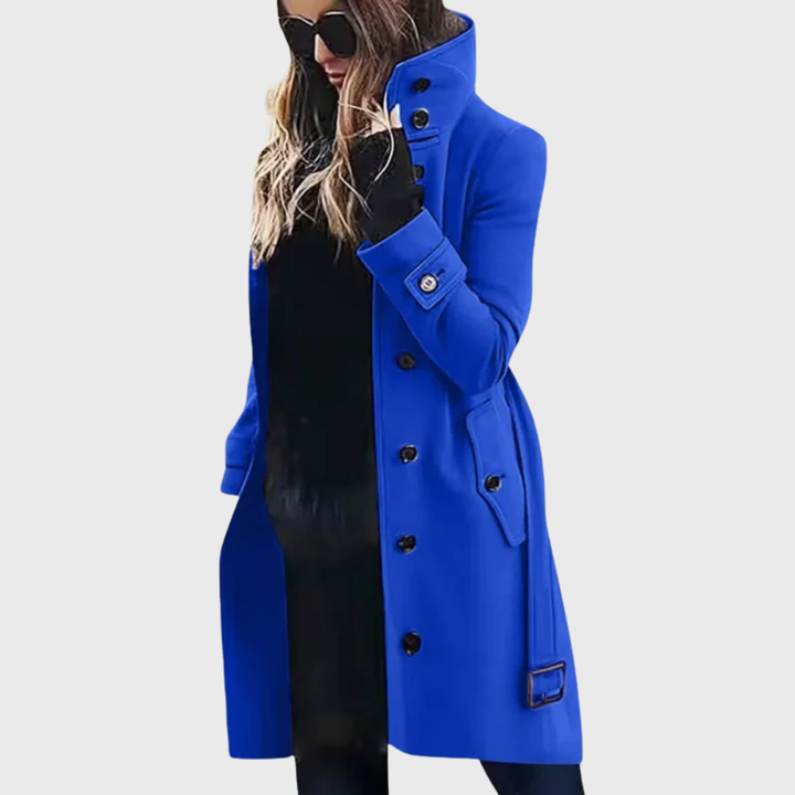 Modern women's black trench coat, featuring button front and high stand collar. Chic longline design for winter fashion.