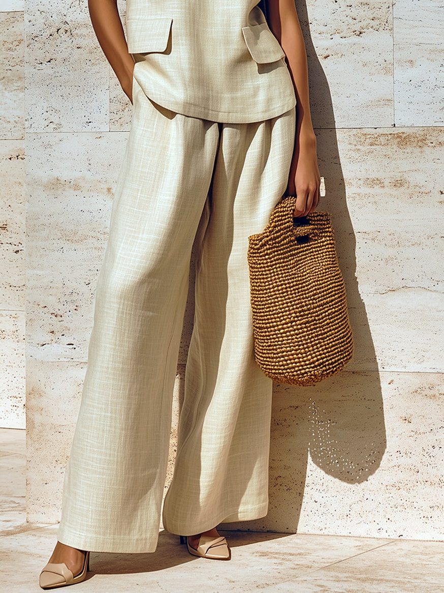 Stylish women's beige linen two-piece set with a sleeveless V-neck vest and relaxed wide-leg trousers.