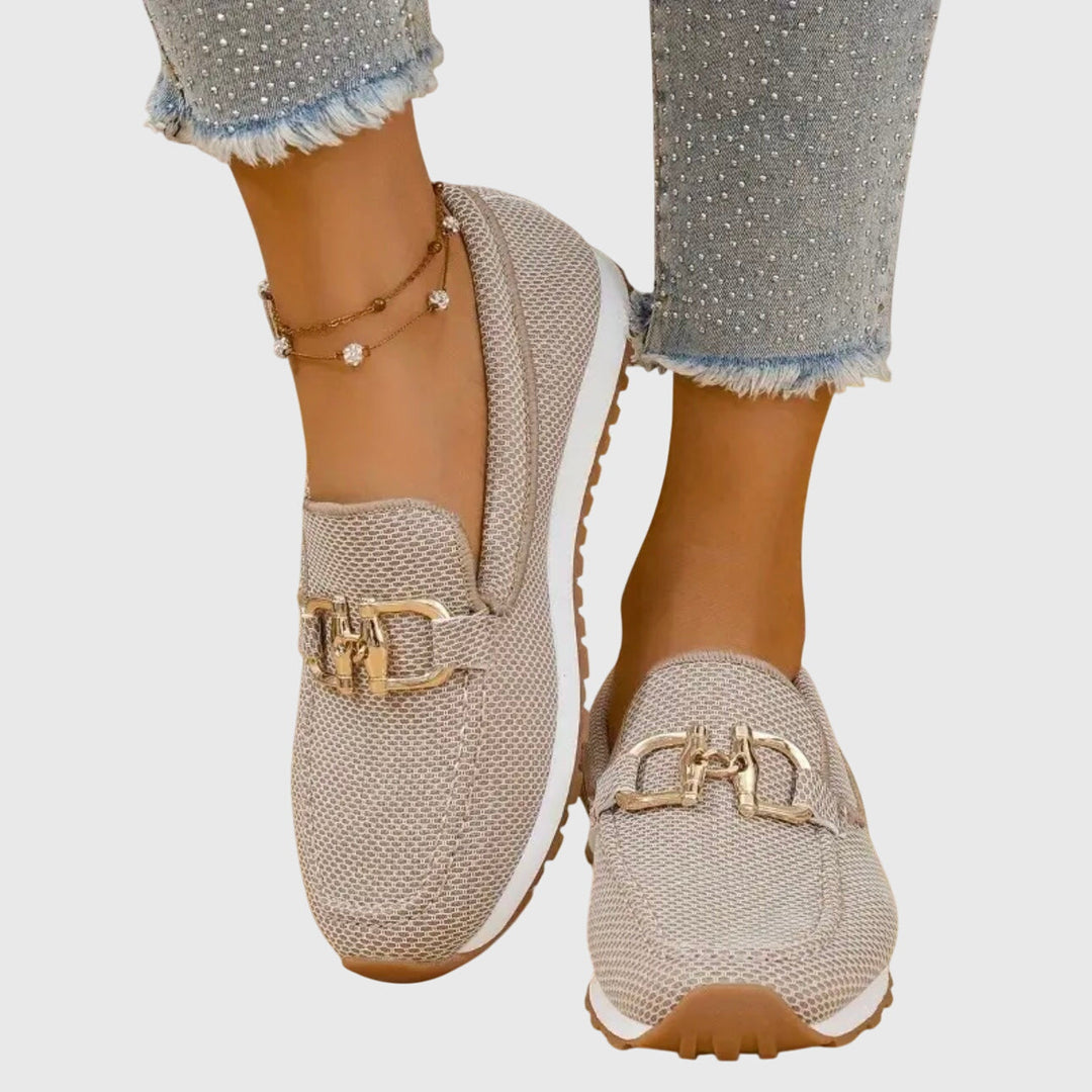 Women's beige orthopedic loafers, slip-on comfort footwear with arch support for everyday walking & foot support.