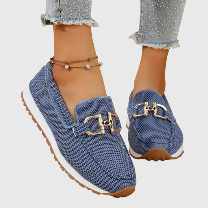 Stylish blue women's orthopedic loafers for casual wear, providing excellent arch & foot support, comfort footwear.