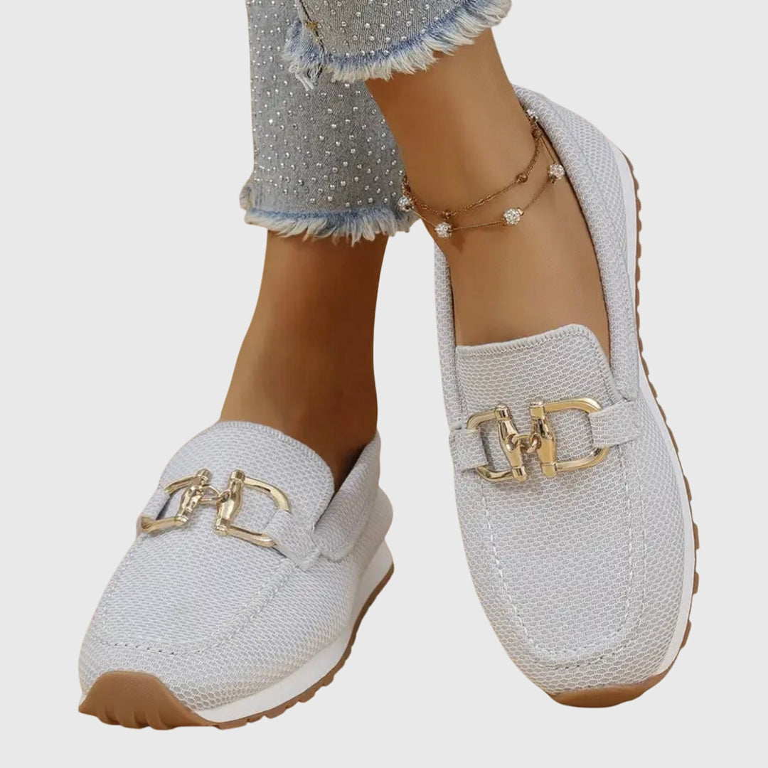 Beige women's casual orthopedic loafers, offering superior arch support & comfort for walking.