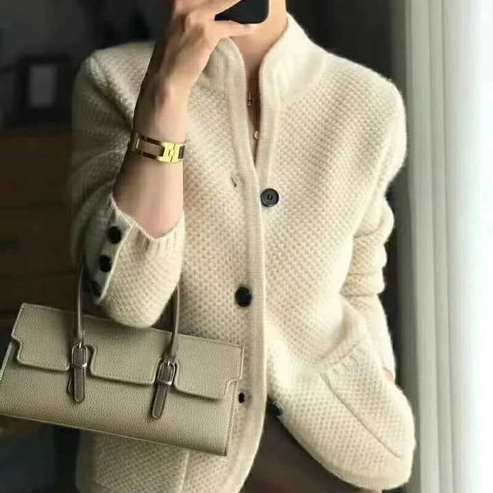 Women's beige textured knit button-up cardigan jacket with a relaxed fit, perfect for casual layering or transitional wear.