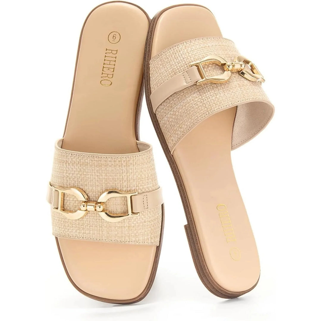 Elegant women's beige woven slide sandals. Comfortable summer footwear with a stylish buckle.