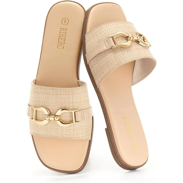 Elegant women's beige woven slide sandals. Comfortable summer footwear with a stylish buckle.