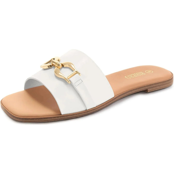 Versatile women's beige woven slide sandals with a chic decorative buckle. Essential summer footwear.