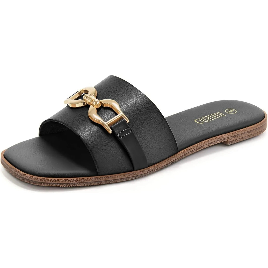 Comfortable women's beige woven slide sandals with a decorative buckle accent, ideal for daily wear.