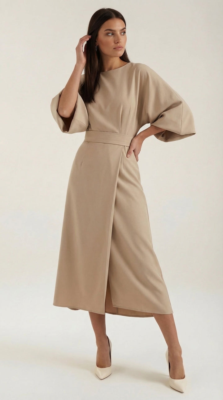 Women's belted midi dress with elegant wide sleeves
