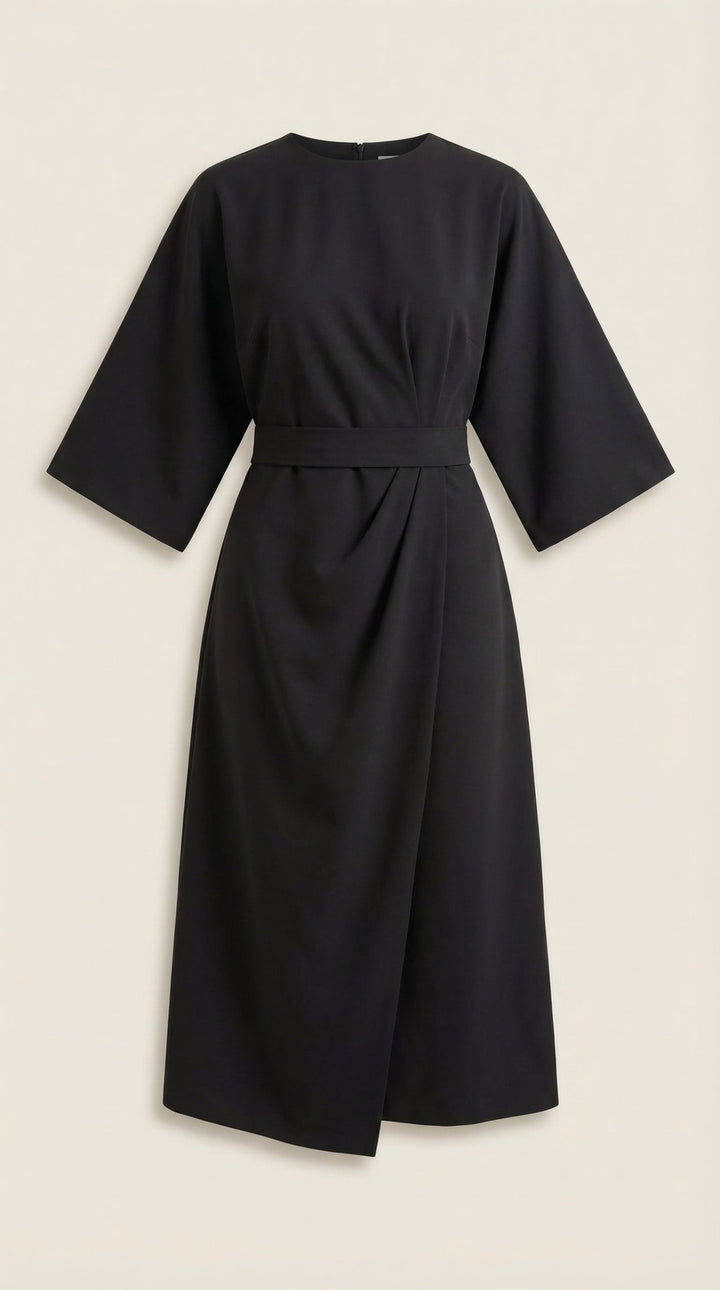 Elegant midi dress with a classic belted silhouette