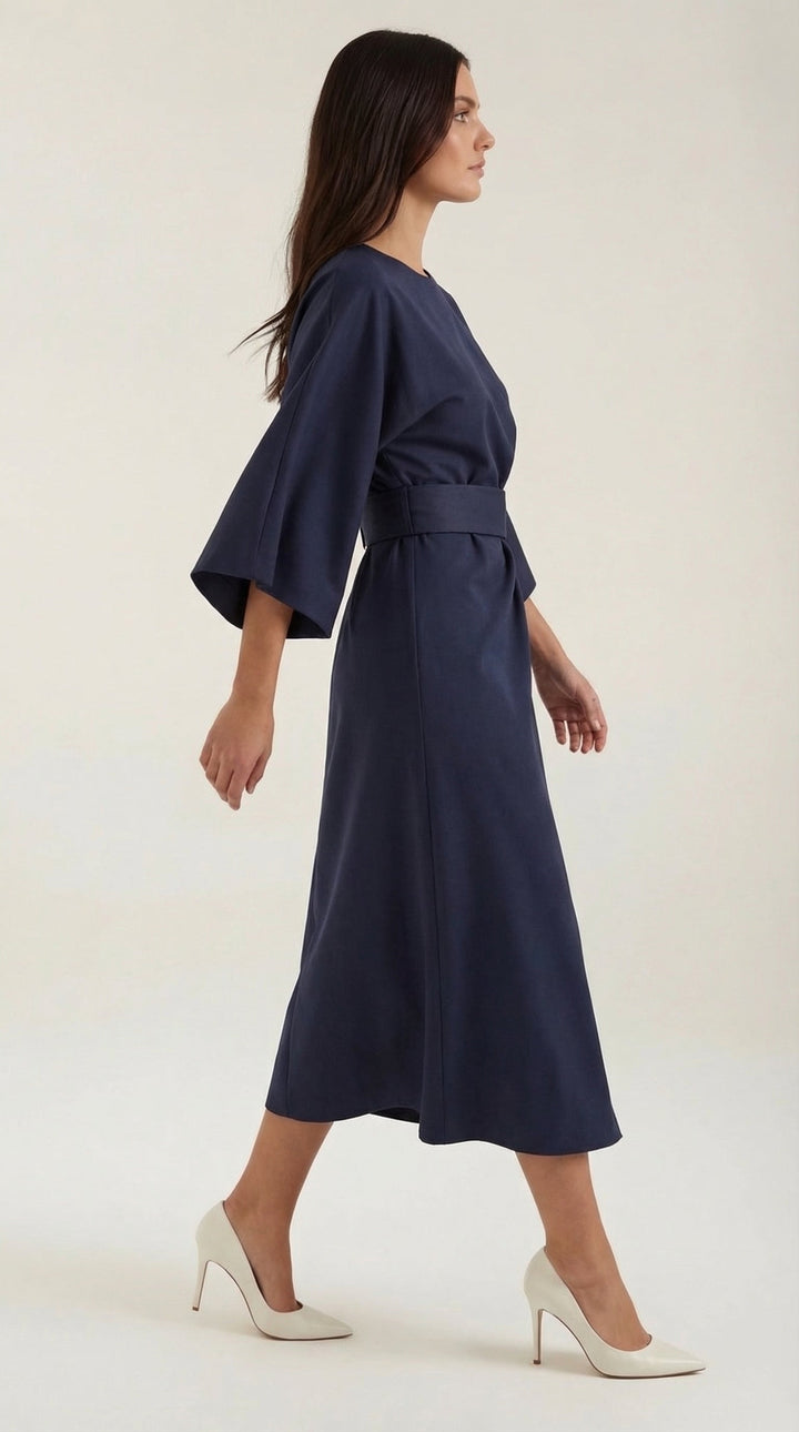 Formal midi dress with a sophisticated wrap and belt