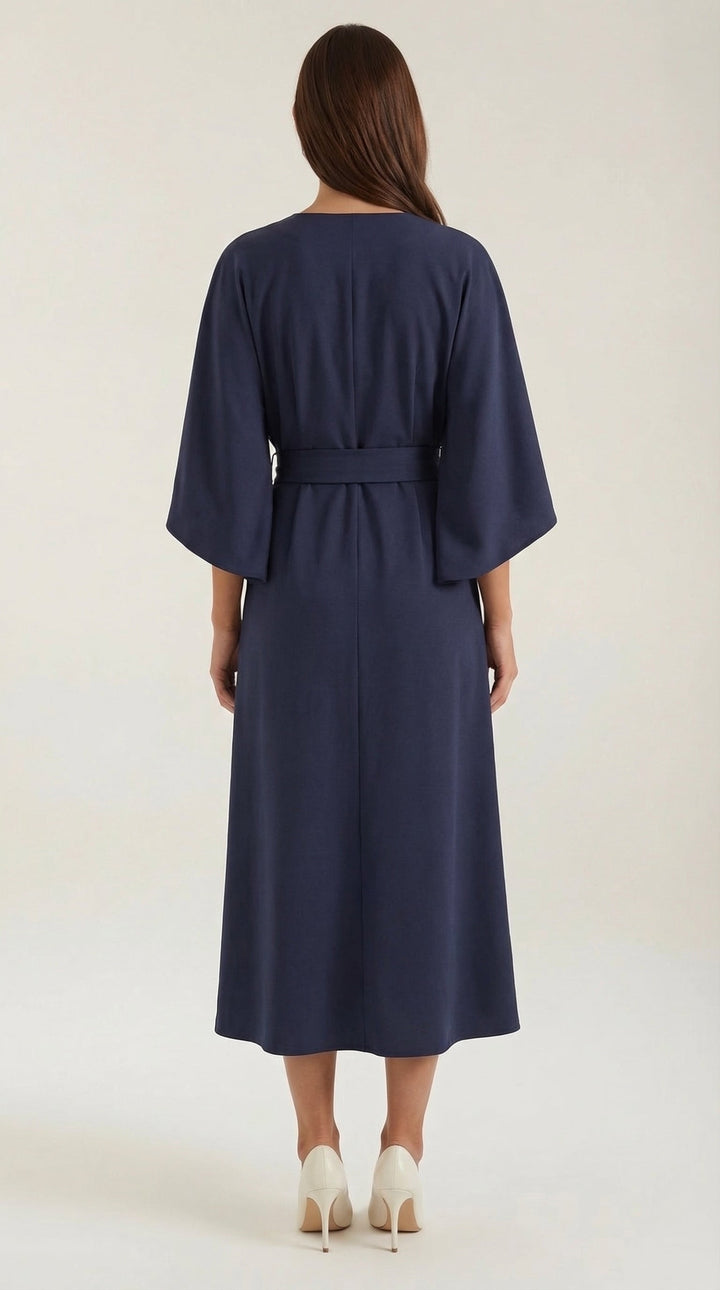 Fashionable women's wrap midi dress with adjustable belt