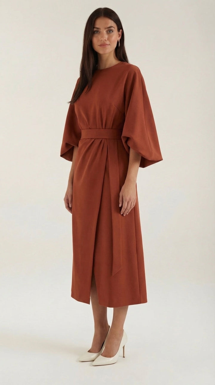 Chic wrap dress with elegant wide sleeves and a belt